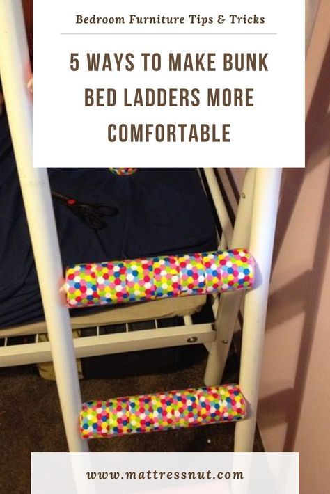 My children love their bunk beds. They go up and down all the time. However, as fun as they are, bunk beds are also not designed as well as I’d like. The cheap metal bunk beds we have at home have ladder rungs that are slippery and rounded so they hurt while climbing up and down. Ofcourse, my kids don’t really get bothered as much as I do. In this article I discuss how to make bunk bed ladders more comfortable. Diy Bunk Bed Shelf, How To Make A Ladder For Bunk Bed, Bunk Bed Ladder Cover Safety, Bunk Bed Ladder Cover Diy, Bunk Bed Safety Ideas, Bunk Bed Makeover Diy, Bunk Bed Railing Ideas Diy, Tuffing Bunk Bed Hack, Diy Rv Bunk Beds