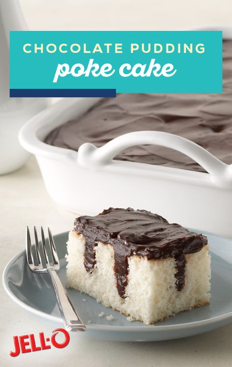 Chocolate Pudding Poke Cake – What's better than chocolate pudding on top of a cake? How about chocolate pudding inside the cake—and the fact that it's a Healthy Living dessert recipe? Chocolate Pudding Poke Cake, Pudding Poke Cake, Poke Cake Recipe, Poke Cake Recipes, Poke Cakes, Kraft Recipes, Kraft Heinz, Poke Cake, Chocolate Pudding