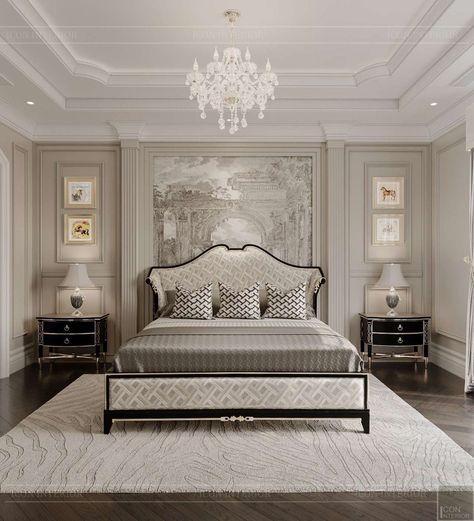 Luxury Neoclassical Interior, Luxury Bedroom Wall Designs, Neo Classical Interiors Bedroom, European Bedroom Aesthetic, Neo Classical Bedroom, Neoclassic Interior Design, Classical Bedroom, Luxe Bedroom, Luxury Bedroom Decor