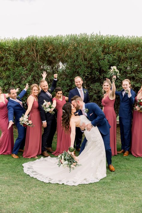 Desert Rose And Navy Wedding Colors, Navy Blue And Sage Green Fall Wedding, Rosewood Bridesmaid Dress With Groomsmen, Chianti And Navy Wedding, Rosewood And Navy Wedding, Navy And Pink Bridal Party, Desert Rose And Navy Wedding, Navy Tux Wedding Color Combos, Rosewood Wedding Color