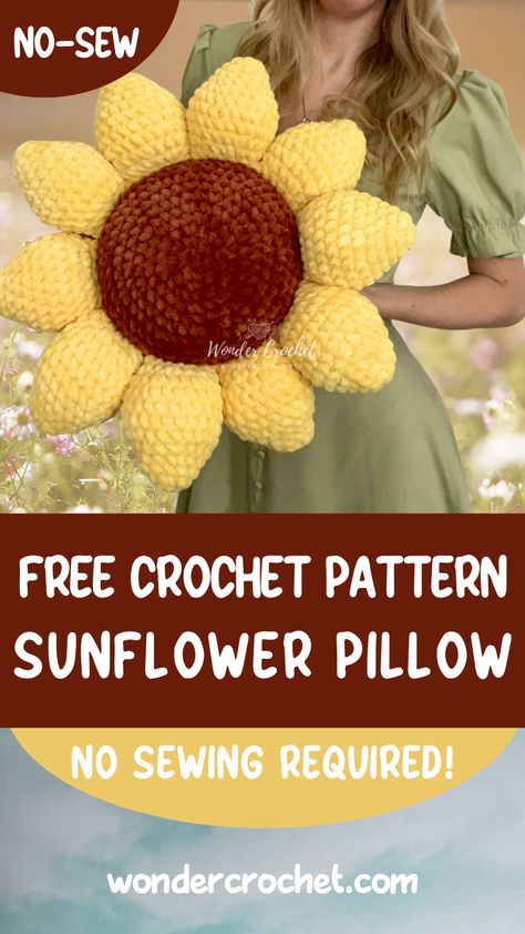 Crocheted Sunflower Pillow, Sunflower Crochet Pattern Pillow, Crochet Amigurumi Sunflower Pattern Free, Crochet Projects Free Pattern Clothes, Crochet Sunflower Pillow Cover, Simple Fast Crochet Projects, Crochet Sunflowers Free Pattern Easy, Sunflower Plushie Crochet, Sunflower Crochet Patterns Free