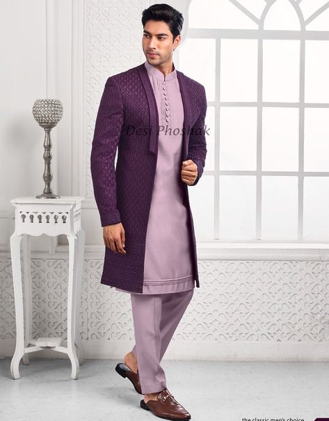 Blue Sherwani For Wedding Design Heavy Embroiderry Handwork Bespoke Indian Jodhpuri Groom Dhula Sherwani Set Partywear Haldi Sangeet Outfit Stylish Designer Groom Suit Jodhpuri Suit Bandhgala Suit Coat Pant Dhoti Kurta Pajama Traitional Marriage Party Suit Indian Suit For Men 2pc suit 3pc suit designer latest design indian pakstani suit partywear wedding suit groom bespoke premium slim fit stylish suit for men boys vest shirt pant grey ethnic wear for men formal suit Purple Jodhpuri Suits For Men, Jodhpuri Kurta Pajama Men, Purple Kurta For Men, Indowestern Outfits For Men, Sherwani For Boys, Indo Western Dress For Men, Latest Kurta Designs, Indowestern Dress, Jodhpuri Suits For Men