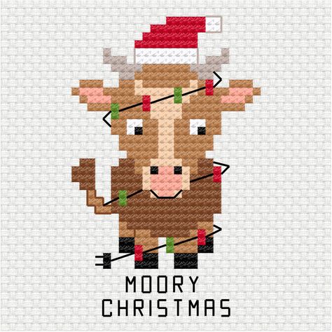 This cute Christmas cow is the latest addition to the pun and holiday cross stitch pdf pattern series I am building up for patrons. Moory Christmas cross stitch pdf patten - Ringcat Cross Stitch Cow, Walking Robot, Christmas Cross Stitch Patterns Free, Cross Stitch Christmas Cards, Geek Cross Stitch, Holiday Cross Stitch Patterns, Xstitch Patterns, Christmas Cow, Holiday Cross Stitch