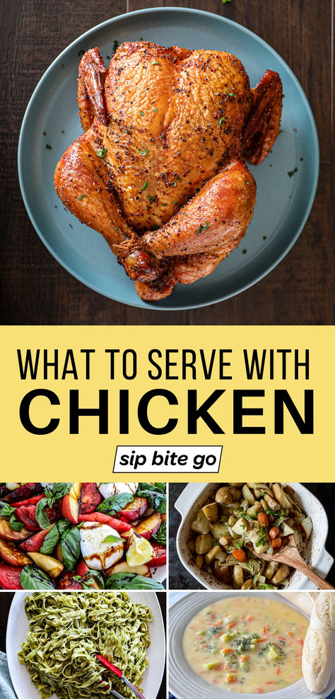 What to serve with chicken recipe collage with text overlay Sides For Roasted Chicken, Chicken For Dinner, Magic Custard Cake, Oven Roasted Chicken, Custard Cake, Stuffed Whole Chicken, Whole Chicken, Family Meal, Roast Chicken