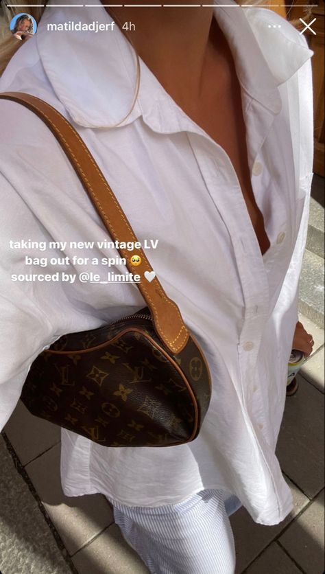 Matilda Djerf / Djerf Avenue / Louis Vuitton / Shoulder Bag / Baguette / White linen shirt / Summer style / Blue striped pyjama trousers / Spring outfit Louis Vuitton Shoulder Bag Outfit, Small Shoulder Bag Outfit, White Louis Vuitton Bag, Vintage Lv Bag, Louis Vuitton Vintage Bag, Striped Pyjama, Modest Fall Outfits, Vintage Louis Vuitton Handbags, Louis Vuitton Bag Outfit