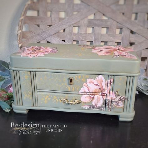 Redesign Petites | Customizing and beautifying a jewelry box has never been more unique and inspiring | Facebook Mini Dresser, Mini Decor, Decor Transfers, Standing Jewelry Armoire, Painted Jewelry Boxes, Redesign With Prima, Jewelry Organizer Diy, Small Jewelry Box, Unicorn Design