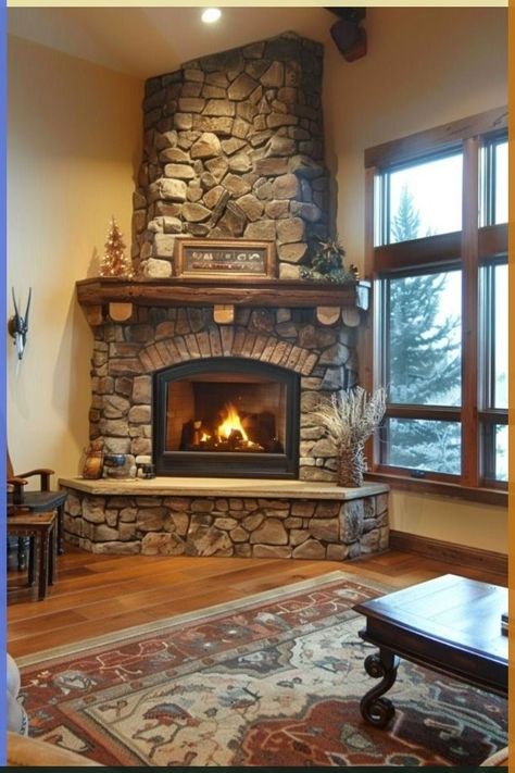 Corner Fireplace Design, Corner Stone Fireplace, Stone Fireplace Decor, Corner Fireplace Ideas, Corner Fireplace Living Room, Wood Stove Hearth, Wood Burning Stoves Living Room, Farmhouse Fireplace Decor, River Rock Fireplaces