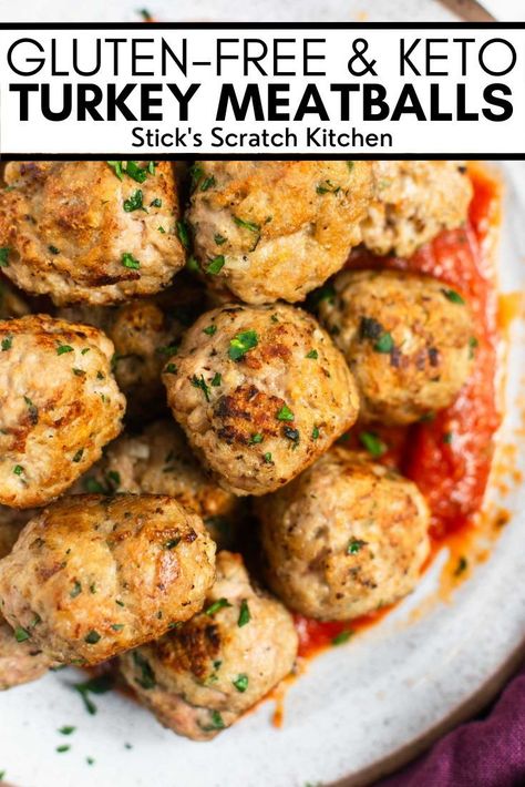 These gluten-free and keto turkey meatballs are made with lean ground turkey, almond meal, fresh grated Parmesan, egg, and a handful of seasonings. They're quick, easy, and delicious. #turkeymeatballs #ketomeatballs #glutenfreemeatballs #glutenfreeturkeymeatballs #ketoturkeymeatballs #weeknightdinner #meatballrecipe #meatballs #italiandinner Ground Chicken And Turkey Meatballs, Keto Ground Turkey Meatballs, Ground Turkey Keto Recipes, Keto Turkey Meatballs, Healthy Turkey Meatballs, Gluten Free Turkey Meatballs, Keto Turkey, Turkey Meatballs Healthy, Ground Turkey Meatballs