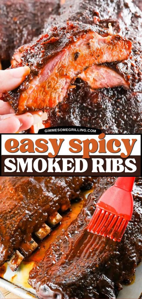 Spicy Smoked Ribs, family dinner ideas for tonight, homemade dinner recipes, smoked meat recipe Spicy Ribs Recipe, Smoked Ribs Recipe, Fall Off The Bone Ribs, Smoked Pork Recipes, Spicy Bbq Sauce, Smoked Ribs, Ribs Recipe, Easy Homemade Recipes, Baby Back Ribs