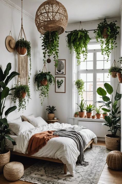 Bedroom With Hanging Plants, Bedroom Greenery Decor, Plant Bedrooms, Plant Filled Bedroom, Rooms With Plants, Plant Decor Bedroom, Aurora Bedroom, Plants In Bedroom, Moody House