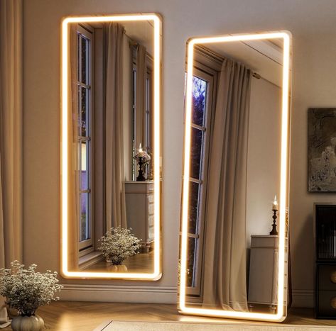 This lighted full body mirror has three colors of light, warm/white/natural light. This floor mirror is designed with touch switch, single touch can switch or adjust the light color. A good standing full body mirror can enhance your life. Light Up Full Body Mirror, Stand Up Mirror Led, Full Body Mirror Gold Frame, Large Gold Body Mirror, Full Lenght Gold Mirror, Full Body Mirror, Travel Mirror, Body Mirror, Bedroom Mirror