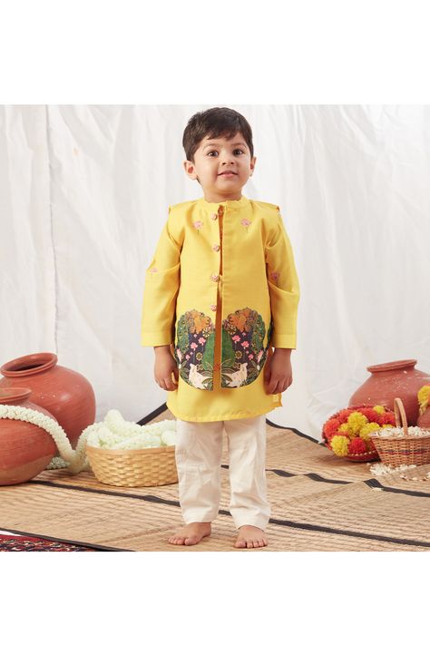 https://www.stylemylo.com/collections/kurta-pyjama-dhoti-sets/products/yellow-kurta-with-hand-embroidered-and-pichwai-printed-jacket-set Girls Long Skirts, Embroidered Buttons, Full Sleeves Dress, Matching Sibling Outfits, Yellow Kurta, Sibling Outfits, Printed Jacket, Kids Couture, Kurta Pajama