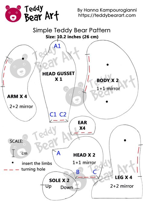 Simple Teddy Bear Sewing Pattern: Attaching Limbs – Thread and Buttons vs. Cotter Pins - Teddy Bear Art Easy Teddy Bear Patterns Free Printable, Bear Shirt Pattern, Teddy Bear Pattern Free Printable, Bear Patterns Free Sewing, Teddy Bear Template, Memory Teddy Bear, Memory Bears Pattern Free, Painting Stitch, Bear Patterns Sewing