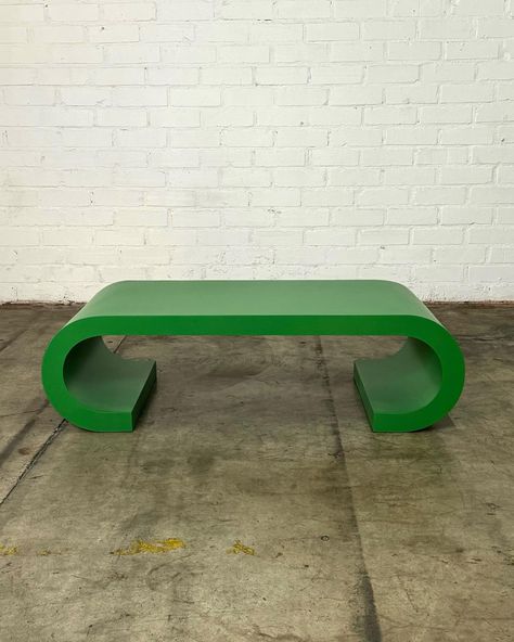 Post Modern Scroll Coffee Table Price: 1250 Dimensions: W52 D22 H15.5 Retro Furniture Design, Bottega Green, Mid Century Vintage Furniture, Waterfall Table, Leather Coffee Table, Retro Coffee Tables, Vintage Mid Century Furniture, Retro Furniture, Post Modern