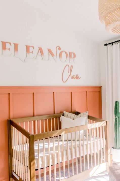 Coral Nursery Ideas Girl, Coral Accent Wall, Coral Nursery Decor, Coral Baby Girl Nursery, Peach Rooms, Boho Baby Girl Nursery, Coral Nursery, Nursery Space, Elegant Nursery