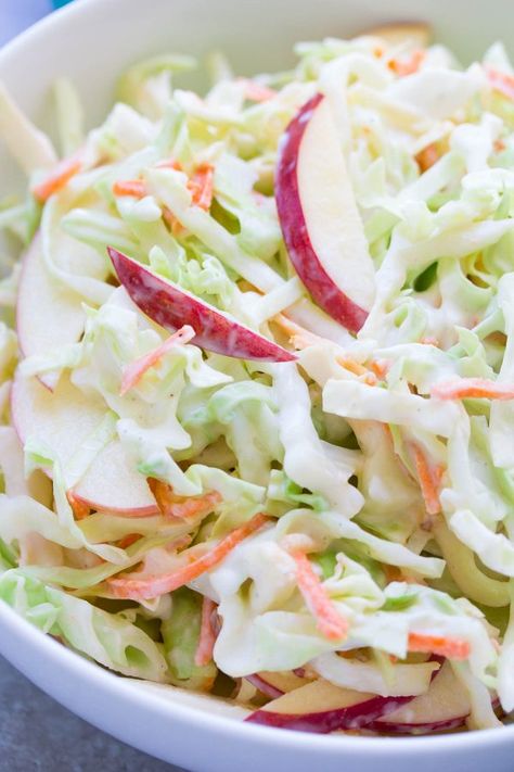 A creamy no mayo coleslaw made with Greek yogurt. This healthier coleslaw comes together in minutes and you'll love the addition of the sweet apple! | www.kristineskitchenblog.com Coleslaw Recipe Greek Yogurt, Cole Slaw Recipe No Mayo, No Mayo Coleslaw, Apple Coleslaw, Healthy Coleslaw, Easy Coleslaw, Coleslaw Recipe Easy, Slaw Dressing, Coleslaw Dressing