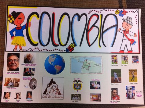 I left this poster as a decoration for Mr. McCulla's classroom. Colombia Poster Project, Poster Board Ideas School Project, Hispanic Heritage Projects, Spanish Heritage Month, Poster Board Ideas, Hispanic Countries, Hispanic Heritage Month Activities, Spanish Projects, Spanish Heritage