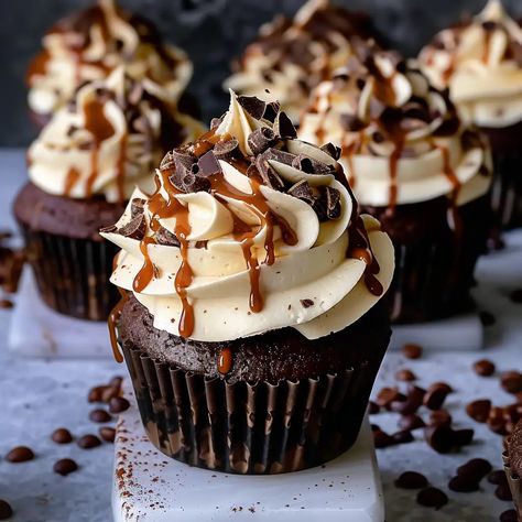 Chocolate Espresso Cupcakes with Salted Caramel Buttercream Salted Caramel Espresso Cupcakes, Chocolate Espresso Cupcakes, Salted Caramel Cappuccino, Chocolate Caramel Cupcakes, Espresso Cupcakes, Salted Caramel Buttercream, Salted Caramel Recipes, Mocha Cupcakes, Salted Caramel Cupcakes