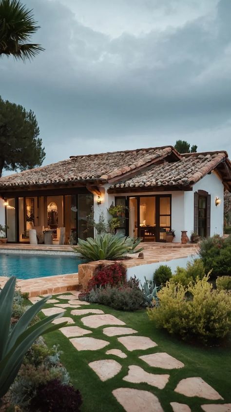 One Floor Mediterranean House, Modern Spanish House Interior, Countryside House Modern, Spanish Villa Design, Spanish Villa Home Exterior, Spanish Villa Floor Plans, Modern Spanish Style Homes Exterior, Spanish Style Ranch Homes, Spanish Farmhouse Exterior