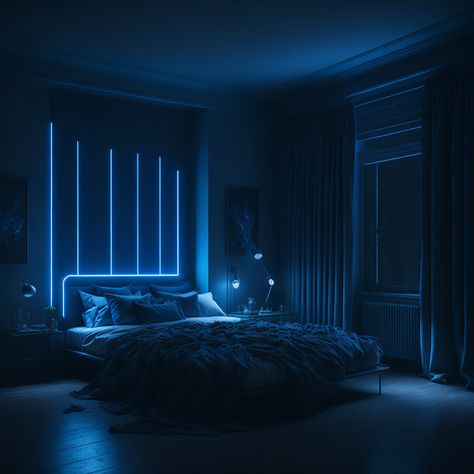 Black bedroom with blue led’s. | #architecture #homedecor #dream #fyp #aesthetic #luxury #minimalist #modern #modernhome #interiordesign Dark Blue And Black Bedroom Ideas, Blue Black Room Ideas, Midnight Room Aesthetic, Dark Blue Room Aesthetic, Sapphire Bedroom, Connor Core, Dark Romantic Bedroom, Black Bedroom Aesthetic, Dark Blue Rooms