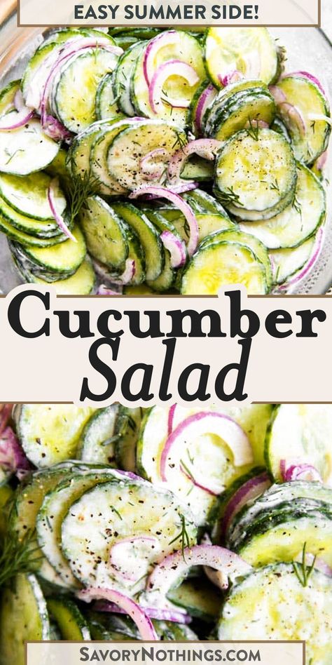 Try this Creamy Cucumber Salad for a wonderfully refreshing side dish. Dill, sour cream, red onion and plenty of crunchy cucumber slices make this a summer favorite! | #bbqrecipes #saladrecipes #cucumber Bbq Potluck, Cucumber Tomato Avocado Salad, Chicken Taco Salad, Cherry Tomato Salad, Different Salads, Cucumber Slices, Avocado Tomato Salad, Creamy Cucumber Salad, Weeknight Recipes