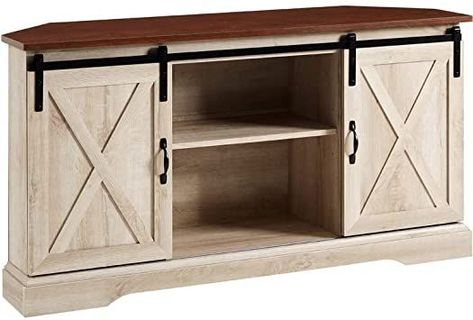 Walker Edison 52" Sliding Barn Door Corner TV Stand in Traditional Brown/White Oak Wood Corner Tv Stand, Farmhouse Entertainment Center, Tv Stand Brown, Tv Stand For Sale, Walker Edison Furniture, Farmhouse Tv Stand, Corner Tv Stand, Corner Tv, Luxury Home Furniture