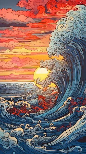 A onda do mar por pessoa | Premium Photo #Freepik #photo #tsunami #onda-japonesa #ondas-mar Japanese Tsunami Art, Tsunami Waves Art, Japanese Waves Drawing, Tsunami Wallpaper, Tsunami Drawing, Great Wave Painting, Japanese Wave Art, Mar Anime, Japanese Hawaiian