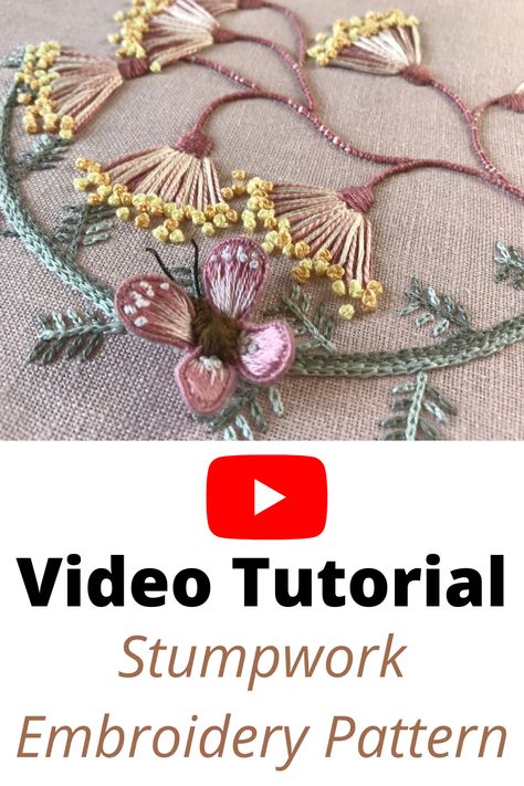 Butterfly Stumpwork Tutorial, Stumpwork Embroidery Beginner, Stumpwork Embroidery Patterns Design, French Crochet Embroidery, Stumpwork Embroidery Patterns, French Embroidery Patterns Vintage, Stumpwork Embroidery Tutorial, Stumpwork Butterfly, Couching Embroidery Design