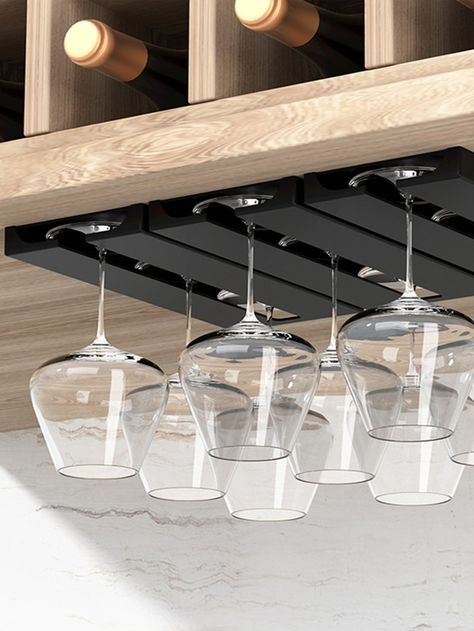 Black  Collar  Plastic  Hanging Storage Racks Embellished   Storage & Organization Wine Cabinet Kitchen, Wine Glass Hanger, Hanging Wine Glass Rack, Kitchen Cupboard Organization, Led Pool, Led Pool Lighting, Bar In Casa, Stemware Rack, Kitchen Cups