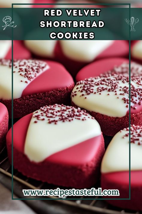 These Red Velvet Shortbread Cookies are a delightful twist on the classic treat, combining the rich flavor of red velvet with a buttery shortbread texture. Dipped in creamy white chocolate and topped with sprinkles, they make the perfect festive addition to any cookie platter. Black Velvet Cookies, Red Velvet Box Cookies, Cookie Recipes Red Velvet, Red Velvet Cookies Stuffed, Red Velvet Shortbread Cookies, Thick Red Velvet Cookies, Red Velvet Bars, Chunky Red Velvet Cookies, Cookie Stand