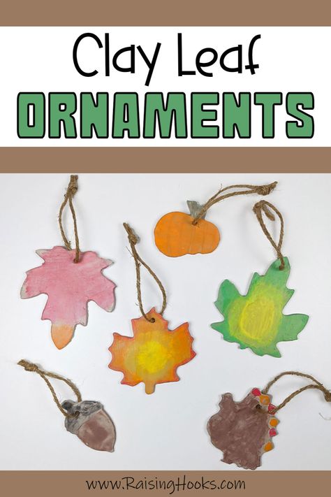 Looking for a fun and unique way to decorate your home for fall? Try making your own clay leaf ornaments! This project is perfect for getting into the Thanksgiving spirit, and your finished product will look great hanging on your tree or in a windowsill. We painted our ornaments with watercolor paints and sealed them with mod podge. You could make a small tree centerpiece for Thanksgiving dinner! #raisinghooks #fall #thanksgiving #leaves #leaf #clay #craftsforkids #kidscrafts #painting Air Dry Clay Thanksgiving, Diy Air Dry Clay Fall, Salt Dough Leaves, Clay Leaf Ornaments, Leaf Imprint Clay, Make Your Own Clay, Ornaments Diy Kids, Fall Ornaments, Dough Ornaments