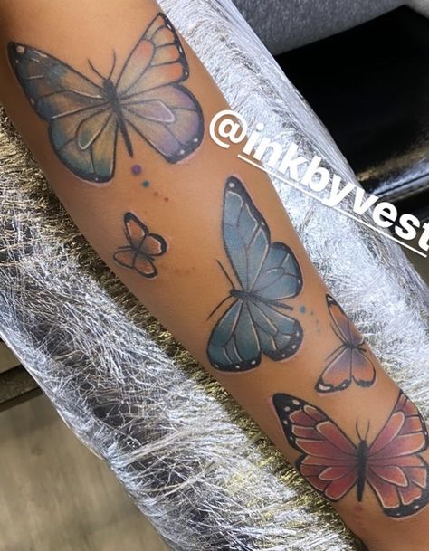 Butterfly Tattoo On Dark Skin, 3 Butterfly Tattoo On Arm, Tattoos Dark Skin, 3 Butterfly Tattoo, Butterfly Tattoo On Arm, Tattoo On Dark Skin, Dark Skin Tattoo, Colorful Butterfly Tattoo, Butterfly Tattoos On Arm