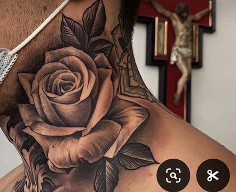 Mens Rose Neck Tattoo, Men’s Throat Tattoo Ideas, Money Rose Neck Tattoo, Mens Side Neck Tattoo Ideas, Neck Tattoos For Men Throat, Tattoo Throat Men, Rose Throat Tattoo Men, Neck Filler Tattoo, Rose Throat Tattoo