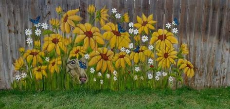 Fence Painting Ideas, Fence Painting, Garden Fence Art, Garden Mural, Flower Mural, Flowers Painted, Fence Art, Fence Paint, Custom Murals