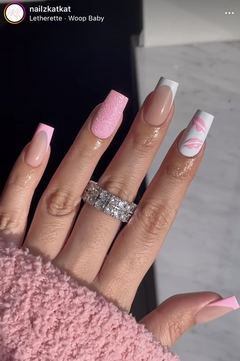 French Tips White, Valentine Nails Pink, White Gel Polish, Pink Gel Polish, Double Liner, Diy Bts, Kiss Nails, White Glitter Nails, Pink Gel