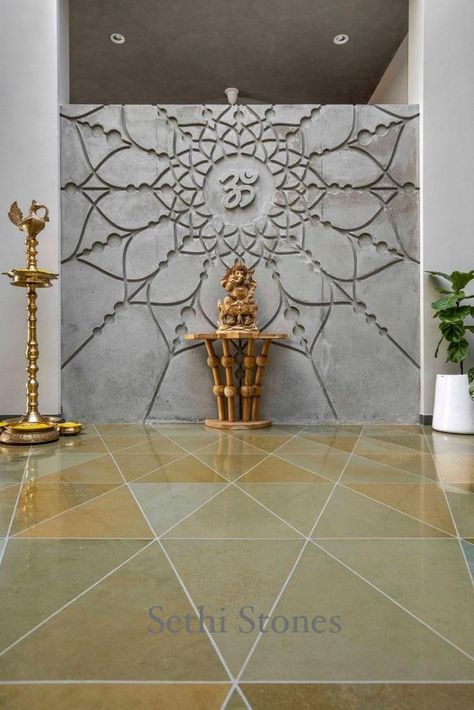 kota stone Pooja Room Flooring, Big Pooja Room Ideas Indian, Puja Wall Design, Kota Flooring, Entrance Wall Design, Kota Stone Flooring, Photo Wall Display, Home Drawing, Earthy Palette