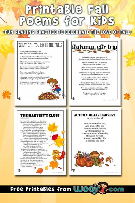 Fall Kids Poems to Print | Woo! Jr. Kids Activities Harvest Poems For Kids, Thanksgiving Poems For Kindergarten, Autumn Poems For Kids, November Poems For Kids, Fall Poems For Kids, Harvest Poems, Teacher Worksheets Lesson Plans, Fall Poem, Spring Kindergarten Activities