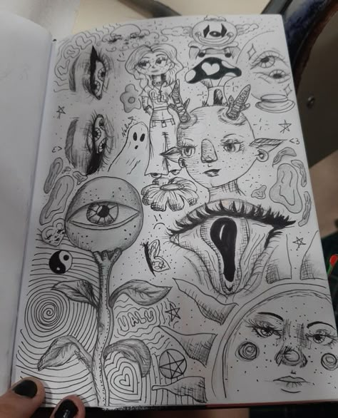 Pen Drawings Aesthetic, Spiritual Sketches, Unique Zentangle Drawings, Trippy Drawings, Arte Grunge, Trash Art, Art Tools Drawing, Canvas Painting Designs, Sketchbook Art Journal