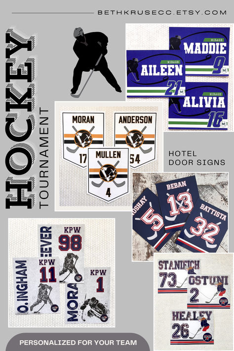 🏒✨ Elevate your hockey tournament experience with our custom hotel door signs! Perfect for showcasing your team's spirit, each sign features your team name, player name, number, and vibrant team colors. Make every player feel special and create an unforgettable atmosphere at your hotel! Perfect for keeping the team together and adding a personal touch to your tournament stay. Order yours today and let your team shine! 🌟🏆 #HockeyTournament #CustomSigns #TeamSpirit #PersonalizedDecor Hockey Banners Ideas, Hockey Tournament Door Signs, Hockey Team Names, Hockey Crafts, Girls Hockey, Hockey Tournament, Sports Banner, Hockey Party, Hockey Tournaments