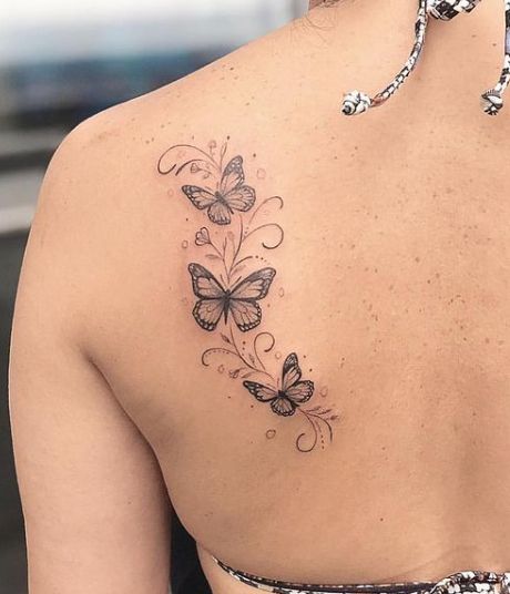 Dainty Sleeve Tattoos For Women Unique, Real Butterfly Tattoo, Butterfly Tattoo With Name In Wings, Cool Butterfly Tattoos Unique, Vine Butterfly Tattoo, Flower And Butterfly Tattoo On Shoulder, Shoulder Butterfly Tattoos For Women, Butterfly And Vine Tattoo, Butterfly Tattoos With Names