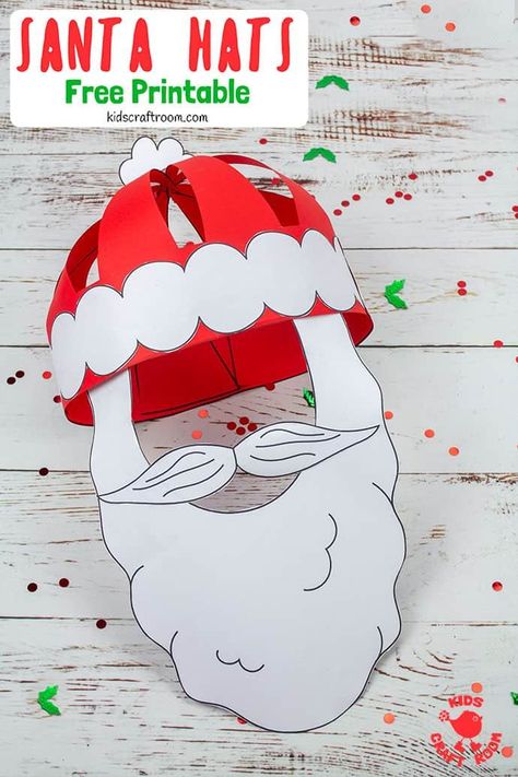 Get festive with this fun Christmas craft! Make and wear a cute 3D Paper Santa Hat! This Christmas hat idea is great for fun loving kids and grown-ups! (Free Printable Santa Hat Craft Template) #kidscraftroom #kidscrafts #santa #santahat #papercrafts #christmascrafts #printablecrafts #santacrafts #freeprintables #christmashats Santa Hat Template, Paper Santa Hat, Santa Hat Craft, Santa Hat Crafts, Craft To Make, Christmas Tree Hat, Hat Template, Kids Craft Room, Santa Crafts