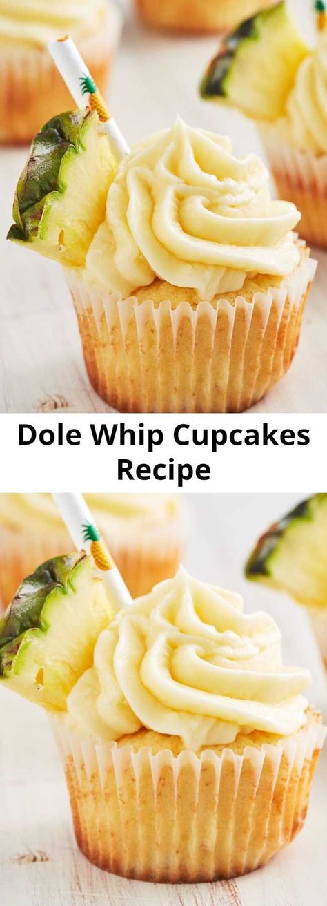 Dole Whip Cupcakes Recipe - Dole Whip has a cult following and we get it. It's the most refreshing thing after waiting in insanely long lines all day. Well now you don't have to travel to Disney for it and the cupcake version is even better. Dole Whip Cupcakes, Lemon Glaze Recipe, Cupcake Frosting Recipes, Whipped Frosting, Types Of Desserts, Blueberry Desserts, Recipe Page, Dole Whip, Cupcakes Recipe