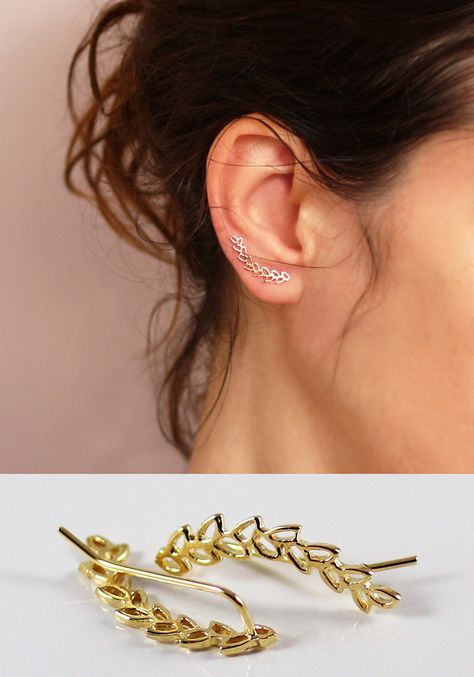 Silver Ear Cuff Earrings, Leaf Ear Cuffs, Ear Cuff Gold, Ear Pin, Leaves Earrings, Silver Jewelry Diy, Ear Climber, Gold Leaf Earrings, Gold Ear Cuff