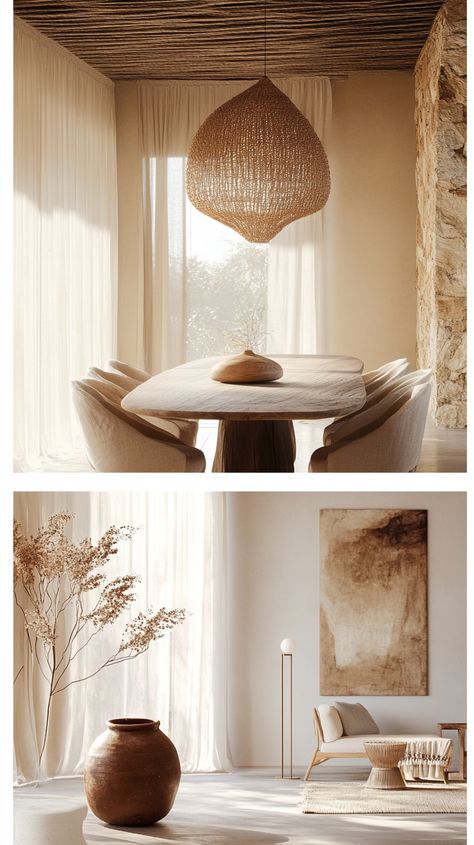 Transform your space with this serene nature-inspired dining room! Featuring an organically shaped wooden table, minimalist chairs, and soft earth tones, it's the perfect blend of modern elegance and cozy warmth. 🌿✨ #NatureInspired #DiningRoomGoals #CozyVibes #midjourney Soft Earth Tones, Table Minimalist, Minimalist Chair, Handmade Lampshades, Serene Nature, Dining Room Ideas, Unique Mirrors, Statement Lighting, Cozy Reading Nook