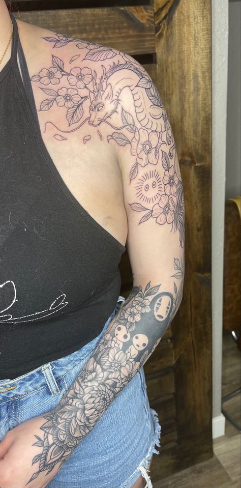 Sketchbook Sleeve Tattoo, Studio Ghibli Sleeve Tattoo Ideas, Studio Ghibli Leg Sleeve, Studio Ghibli Half Sleeve Tattoo, Ghibli Hand Tattoo, Studio Ghibli Tattoo Sleeve Arm, Studio Gibley Tattoos, Anime Sleeve Tattoos For Women, Studio Ghibli Flower Tattoo