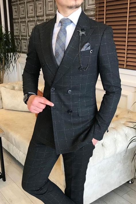 This Black Windowpane wedding suit is the perfect groom outfit for weddingss. Windowpane suits are the latest trend for wedding attire for men. If you want a suit like this custom made for you, book an appointment with us at Giorgenti New York! Black Checkered Suit Men, Checkered Suit Men Wedding, Black Plaid Suit Men, Black Pattern Suit Men, Checkered Suits For Men, Plaid Suit For Men, Checked Suits Men, Black Check Suit, Men Vest Outfits