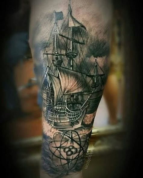 Artist: William (Boomer) Baker Instagram: @tatzbyboomer Studio: @fifthfingerstudio / Glendale AZ Booking: Fifthfingerstudioaz@gmail.com #tatzbyboomer #fifthfingerstudio #pirateship #blackandgreytattoos #picoftheday #tattoooftheday #tatuador #tattoos #supportgoodtattooers #tattoosofinstagram #tattoocloud #bestoftheday Pirate Boat Tattoo, Mens Side Tattoos, Barco Viking, Ship Tattoos, Pirate Ship Tattoos, Calf Tattoo Men, Pirate Ship Tattoo, Thigh Tattoo Men, Boat Tattoo