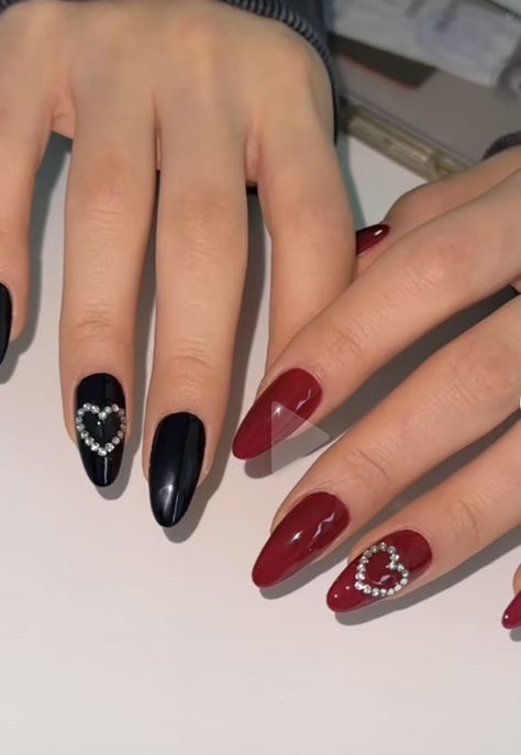 Black And Red Nails Almond Shape, Red Black And Gold Outfit Ideas, Red Nail Designs With Gems, Black Nails Red Heart, Red Nails With Black Heart, Gem Heart Nails, Red Nails Diamonds, Trendy Nails Red And Black, Red Nails With Stones