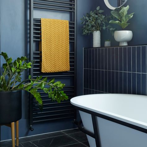 Bathroom With Yellow Accents, Navy Bathroom Ideas, Yorkshire House, Dark Blue Bathroom, Dark Blue Tile, Dark Blue Bathrooms, Navy Blue Bathrooms, Navy Bathroom, Blue Bathroom Tile