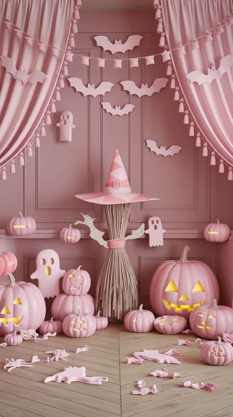 Pink Halloween Decorations, Pink Halloween Decor, Cute And Creepy, Halloween Decor Ideas, Baby Sitting, Adornos Halloween, Chic Halloween, Pumpkin Carvings Stencils, Festive Holiday Decor